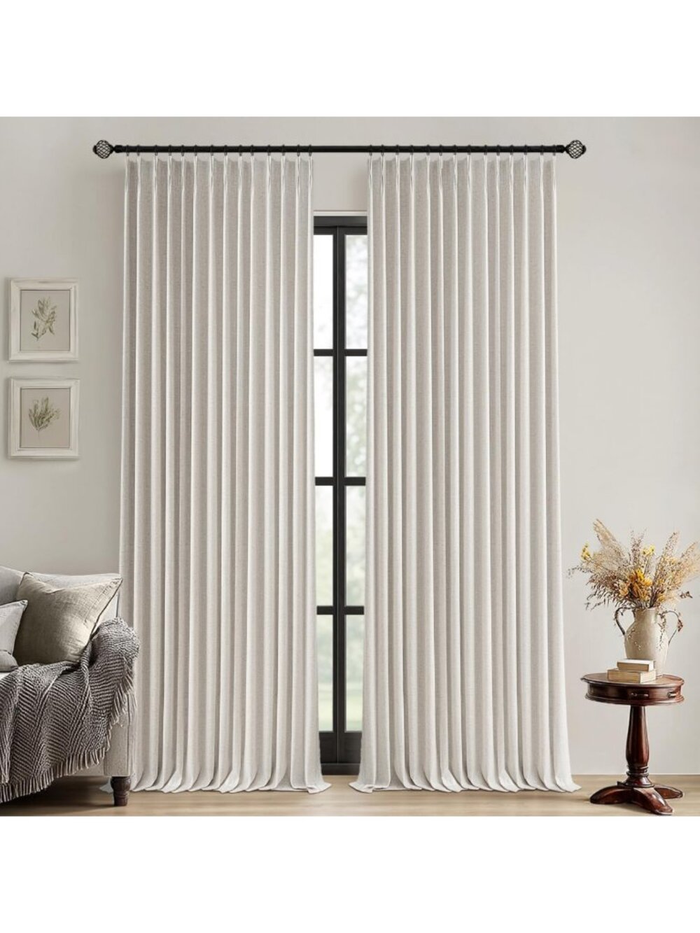Elegant Blackout Linen Curtains, 40x102 Inches, Pinch Pleated Design, Home Decor